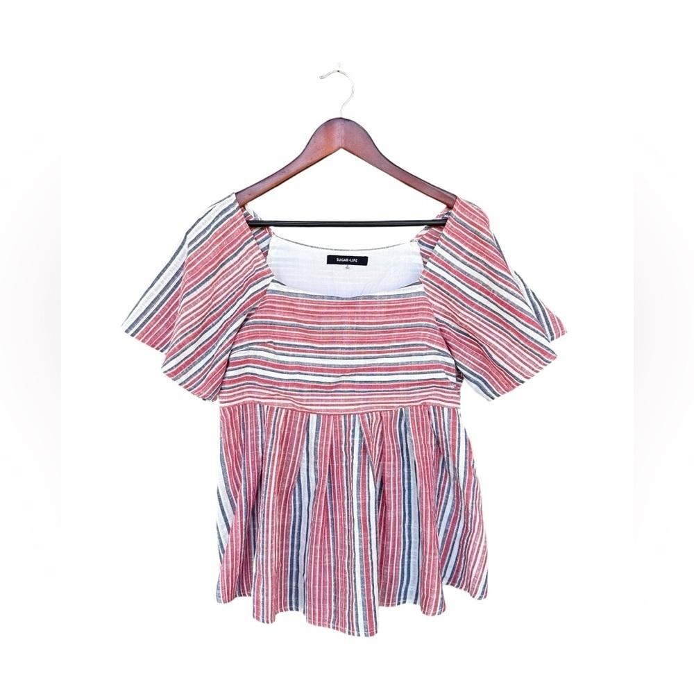 SUGAR LIPS  red white Blue heather Striped Cotton Square Neck Peasant Top Medium